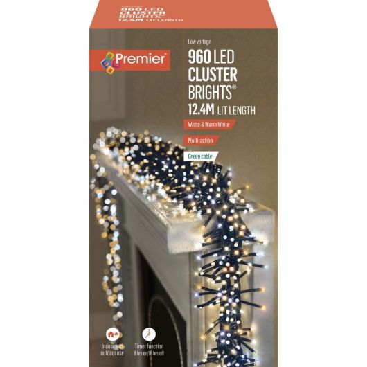 Premier Cluster Brights 960 LEDs 12.4m - White with Warm White (Green Cable)