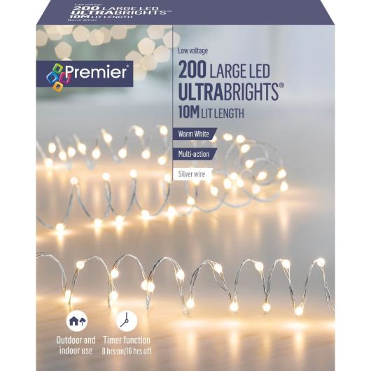 Premier Ultrabrights 200 LEDs 10m - Warm White (Silver Cable)